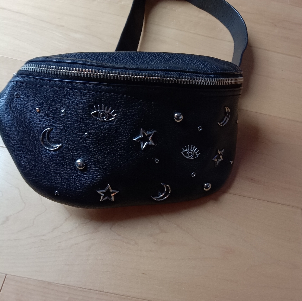 Belt bag, black leather with whimsical embelishment